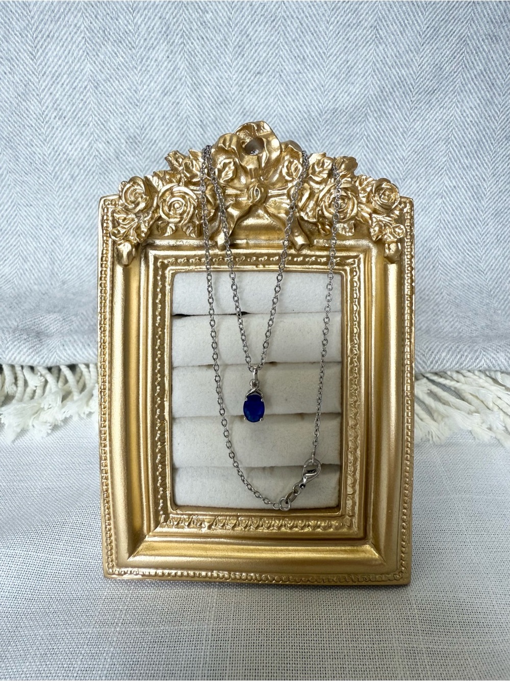 18kGP White Gold Plated with Blue Stone chain Necklace Delicate